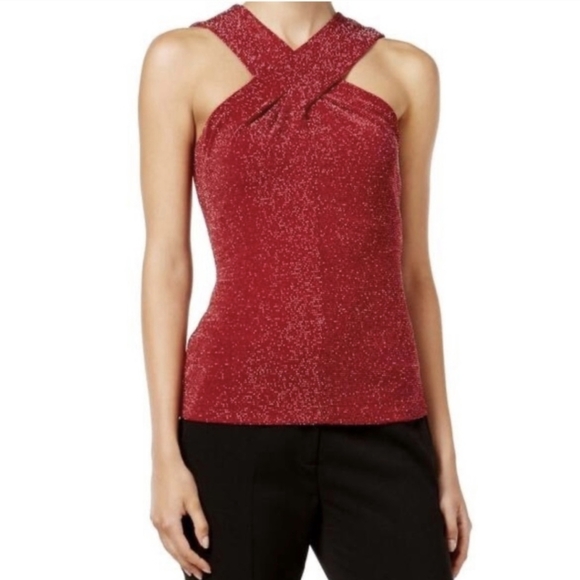 MICHAEL Michael Kors Red Metallic Thread Crossover Halter Top Size Medium - Picture 1 of 8